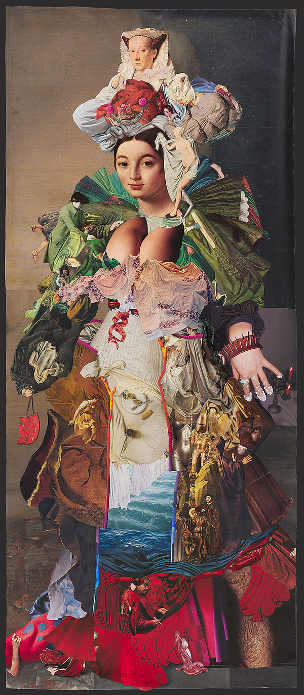 Frau, 2021
Analoge Collage
184 x 78,9 cm
Kunstmuseum Solothurn,
Depositum der Walter Borrer Stiftung
