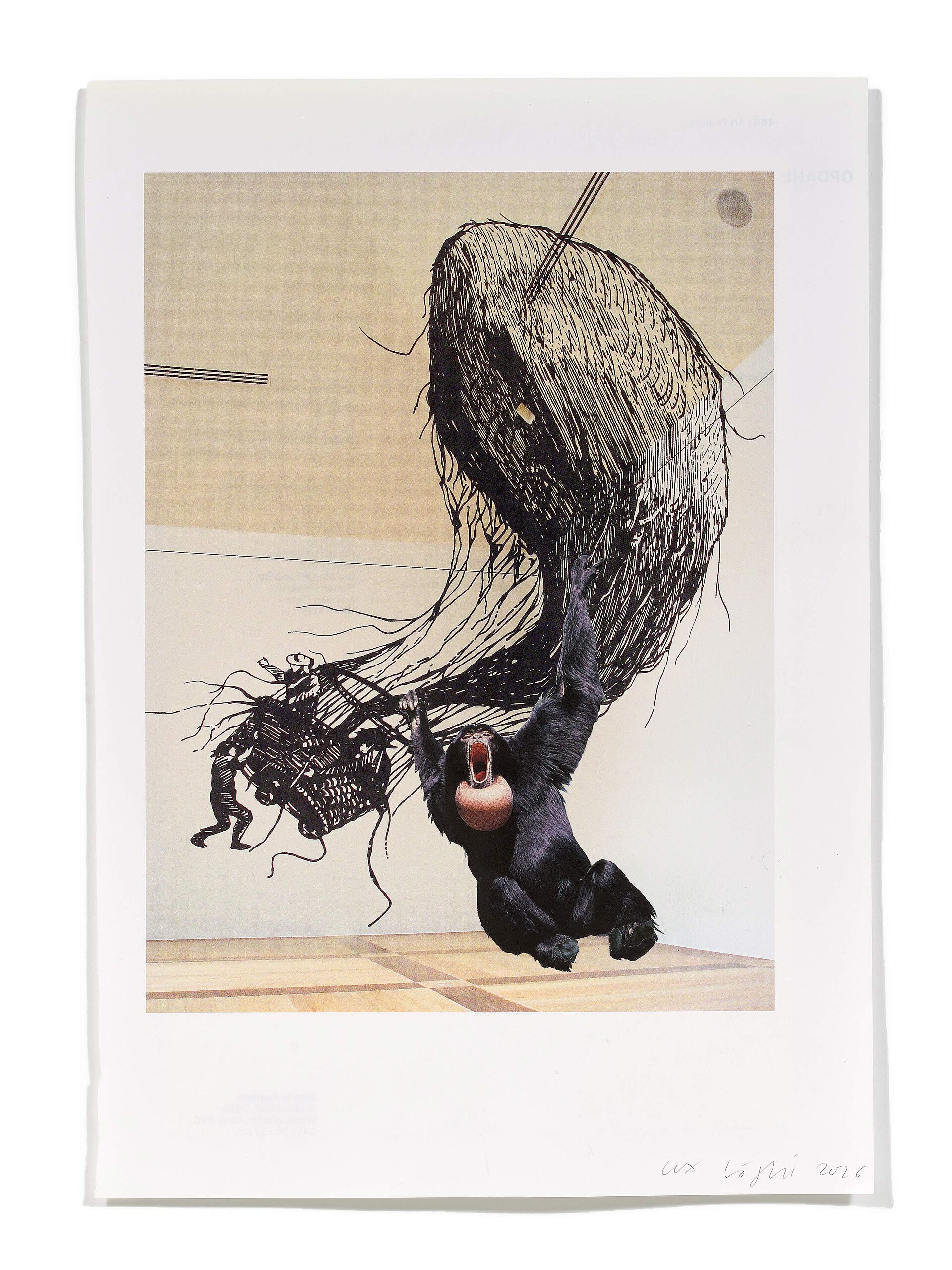 Primaten (J. Mendez Blake), 2026 
Analoge Collage aus Printmaterial
ca. A4
(Fotografie: © Mark Niedermann, Basel)