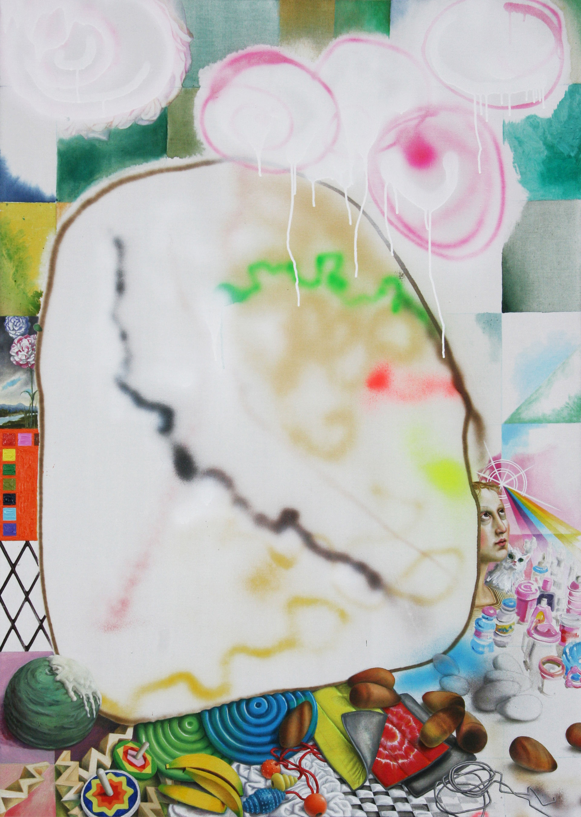 Die Dinge, 2017
Öl, Acryl, Tusche auf Leinwand
145.5 x 104.5 cm
Amt für Kultur, Kanton Solothurn
Schenkung an Kunstmuseum Olten